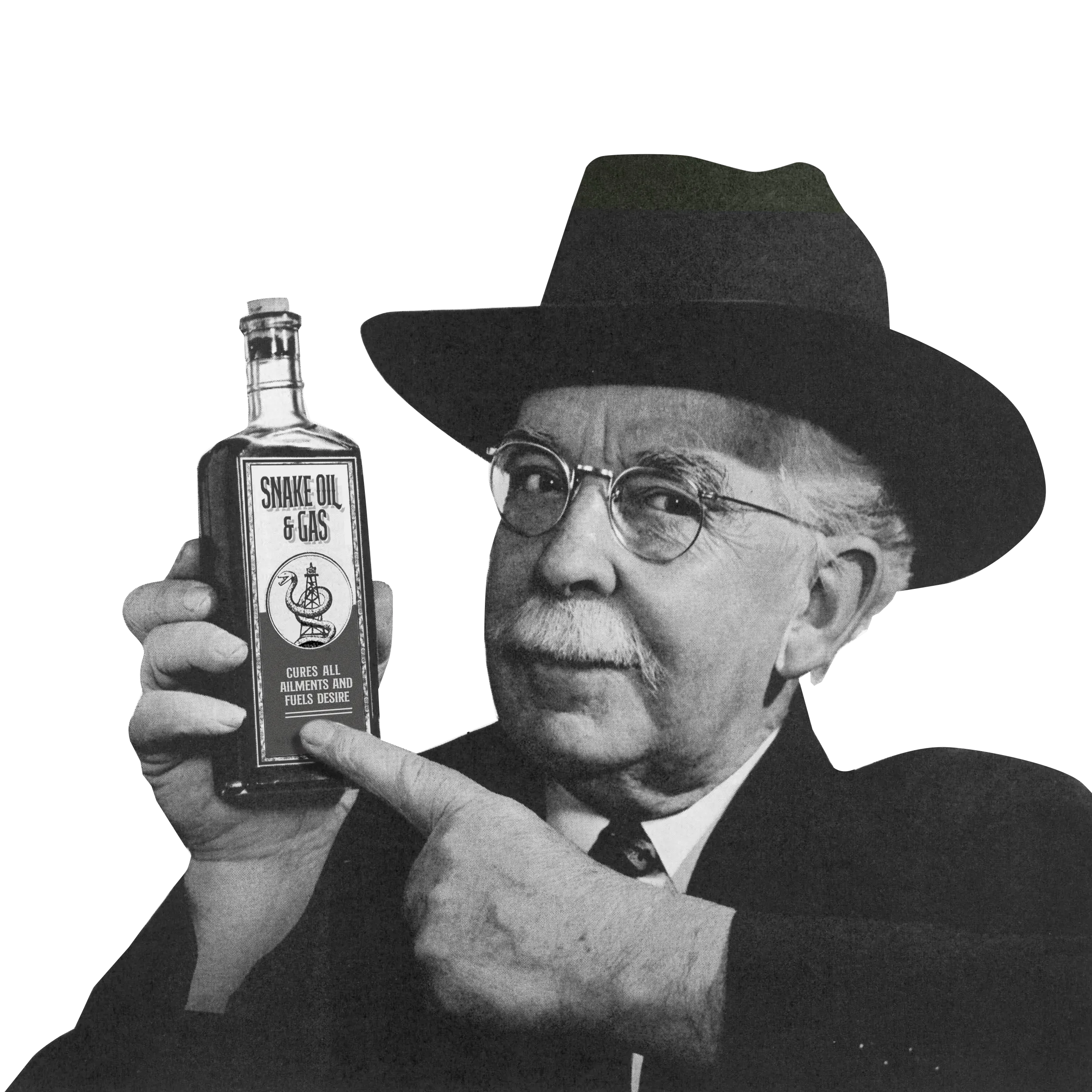 A snake oil salesman holding a bottle of Snake Oil & Gas
